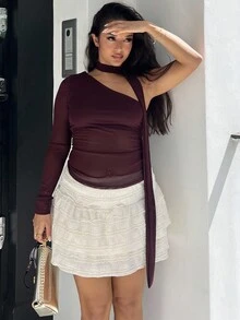 NegzBox Women's Solid Color One Shoulder Long Sleeve Mesh Sheer Fitted Fashion Blouse For Autumn Vintage Burgundy Tight One-Shoulder Asymmetrical Neckline Strappy Sexy Party Top For Women Cute Top Christmas Clothes Women New Years Women Outfit Going Out Tops Women Christmas Outfit Off The Shoulder Top Crop Tops Women Old Money Style Women Asymmetrical Top - Burgundy - View 6