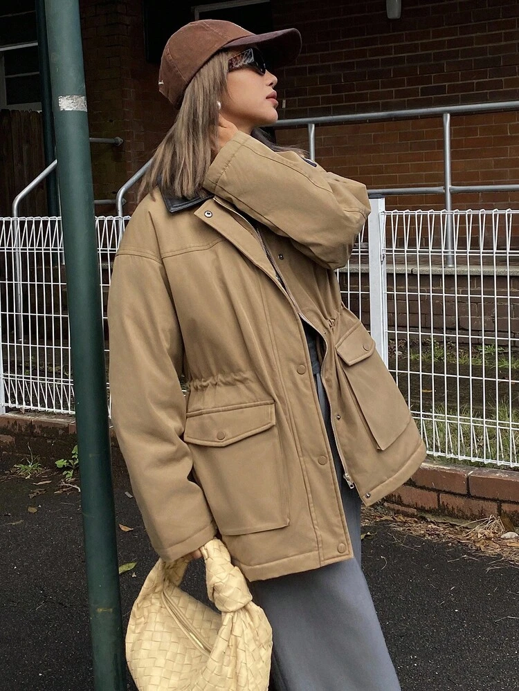 Women's Lightweight Outdoor Windbreaker Jacket, Thick Color Block Drawstring Waist Casual Street Style Stand Collar Cotton Coat, Autumn/Winter