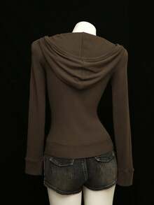 Elamini 1 件棕色刺绣连帽拉链修身长袖复古休闲轻便夹克，适合女士，秋冬