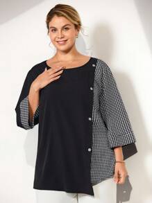 Momelise 大码女式不对称下摆撞色休闲衬衫，户外乡村风衬衫上衣，复古休闲春夏度假风，清爽格纹，秋季必备 - 彩色 - 查看 5