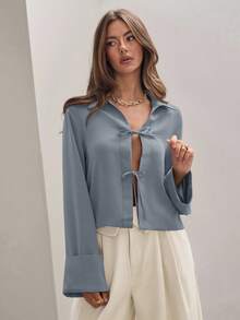 COSMINA Women's Plain Khaki Front Tie Long Sleeve Minimalist Business Casual Work Shirt, Casual Daily Wear FAll - Baby Blue - View 5