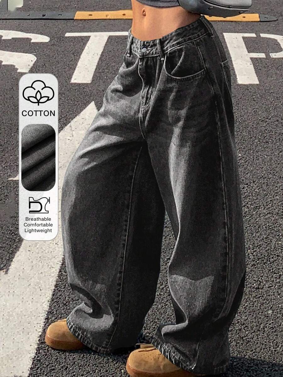 Strévra Vintage Loose Street Washed Distressed Wide-Leg Women Baggy Jeans - Blue - View 1