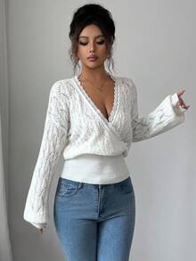 Elenzga Hollow Lace V-Neck Backless Mohair Sweater For Women, Elegant Wool Knitted Pullover With Reversible Design - White - View 8