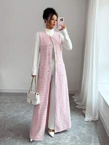 Elenzga Women's Elegant Pink Plaid Sleeveless Long Jacket, Autumn - Multicolor - View 2
