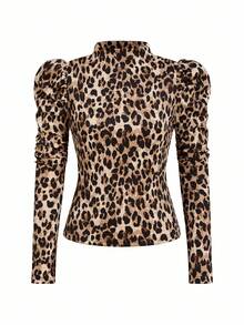 Ellevyn 女士优雅豹纹针织打底衫高领长袖T恤，性感秋冬动物纹印花休闲春季经典弹力优雅长袖T恤，完美适用于春秋季节，百搭经典女式上衣 - 彩色 - 查看 7