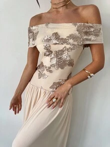 Firerie Women's Elegant Textured Fabric Off Shoulder Dress In Apricot, Romantic & Suitable For Wedding Guest, Party, Formal Events, Summer - Apricot - View 6