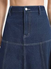 Daynim Chân váy denim xẻ tà chữ A trơn màu đơn sắc dành cho nữ - Rửa tối - Xem 3