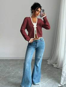Chiquease Pullover Rajut Lengan Panjang Bertekstur Berlian Serbaguna Gaya Kasual Prancis untuk Musim Gugur dan Musim Dingin untuk Wanita - Burgundy - View 5
