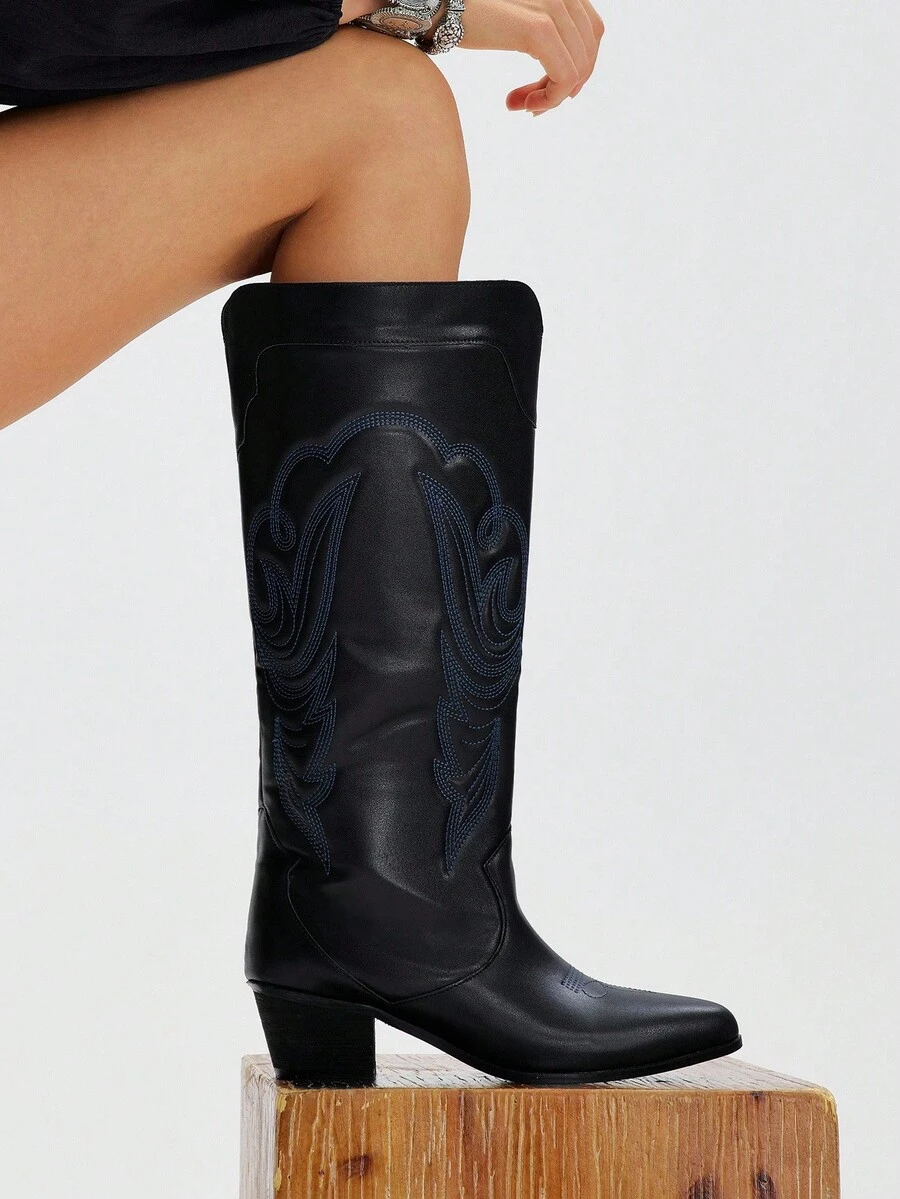 Styleloop 女式铆钉拉链刺绣装饰粗跟尖头一脚蹬靴，适合假日、户外、鲨鱼靴、黑色靴子、西部靴、核心 - 黑色 - 查看 1