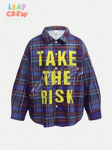 SHEIN 青少年男孩数码印花格子休闲宽松梭织短袖衬衫 - 藍色 - 查看 3