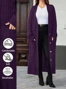 EMERY ROSE Plus Size Women's Autumn Cable Pattern Long Sleeve Single-Breasted Dual Pocket Long Knitted Cardigan, Casual Minimalist Style For Everyday Wear,Going Out, Suitable For Autumn And Winter Fall - Purple - View 1