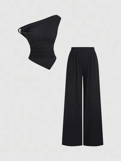 Sweetra Women's New Minimalist All-Match Versatile 2 Pieces Set, Silver Metal Decor Asymmetrical Shoulder Top & Casual Straight Wide-Leg Pants Suit