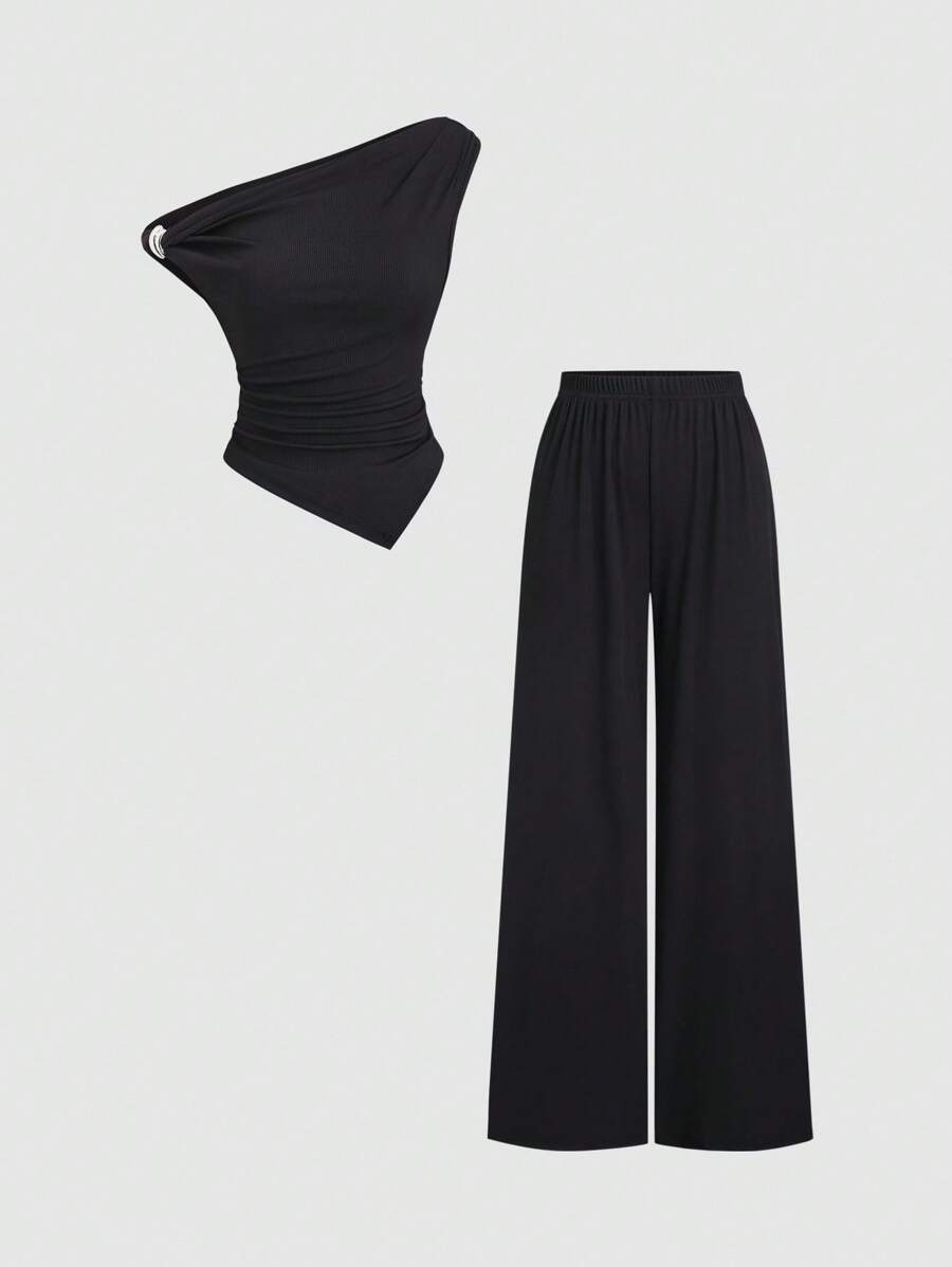 Sweetra 女式新款简约百搭百搭两件套，银色金属装饰不对称肩上衣和休闲直筒阔腿裤套装 - 黑色 - 查看 1