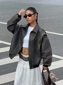 SHEIN EZwear 灰色冬季夹克女式宽松拉链领黑色仿皮夹克，休闲黑色皮夹克女式皮夹克 - 黑色 - 查看 3