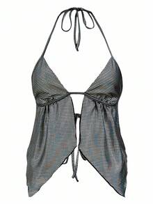 Y2Kool Women's Metallic Plaid Foil Print Backless Halter Top, Suitable For Party, Holiday, Evening Event Checkered Casual Stylish Collection New Year - Silver - View 5
