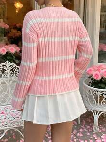 SHEIN Raffinéa Pink Ribbed Cute Heart Decor Women Knitted Pullover Sweater Fall Winter Cloth For Women - Pink - View 2
