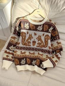 Franclia Women's Fall Casual Everyday Cartoon Squirrel & Leaf Patchwork Pattern Dropped Shoulder Loose Pullover Sweater, Autumn/Winter