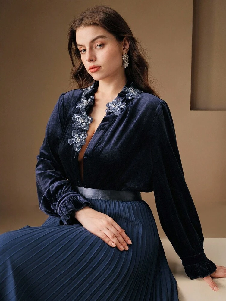 Valentine Plus Size Women Navy Blue Velvet Long Sleeve Ruffle Collar Embroidered Blouse