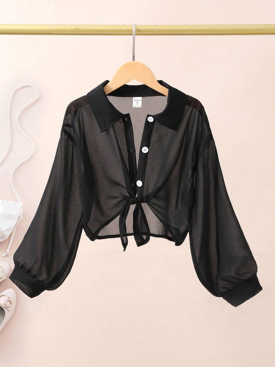 Girls' Solid Color Casual Lightweight Long Sleeve Shirt Fall Winter - Black - View 1