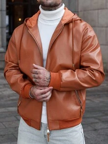 Manfinity CasualCool Men's Autumn Solid Color PU Leather Hooded Jacket,Burnt Orange Streetwear Bomber Coat,Hiking Outdoor Warm Zip Front Drawstring Long Sleeve Clothing - Brown - View 1