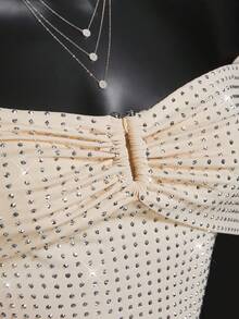 SHEIN ICON Váy ngắn hở vai đính đá lấp lánh gợi cảm - Màu be - Xem 7