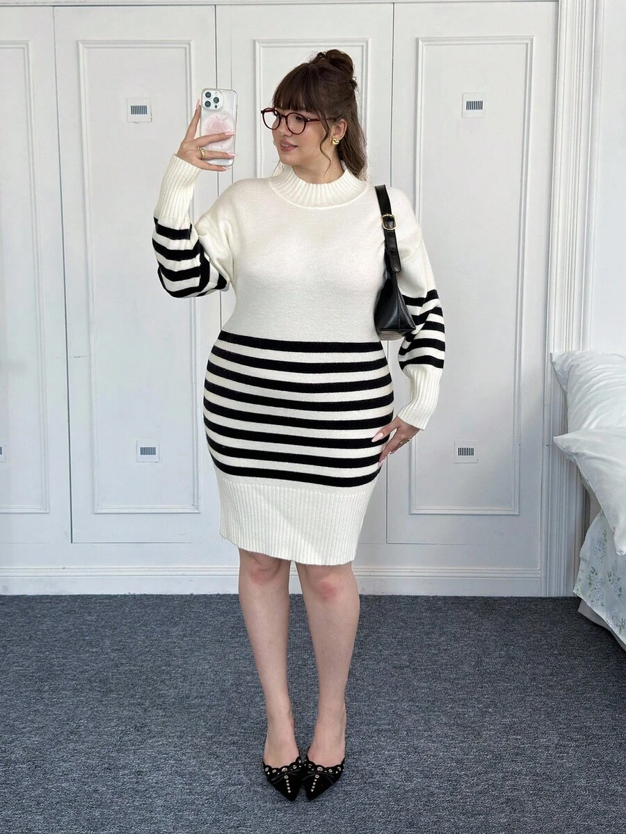 SHEIN EZwear Plus Size Color Block Striped Stand Collar Fitted Knit Dress, Casual & Commute Autumn Winter Clothes For Women - Black and White - View 1
