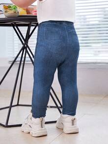 SHEIN Toddler Girl Everyday Casual Plain Blue Imitation Denim Long Pants With Pocket Details Toddler Jeans Pack Toddler Leggings Fall Winter - Blue - View 2