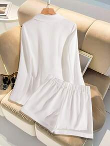 Franclia Elegant Solid Color Double-Breasted Blazer And Shorts Set, Suitable For Daily Commute Fall Cloth For Women