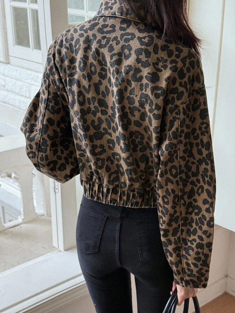 DAZY Chaqueta y abrigo de mezclilla casual de calle con estampado de leopardo y cuello en mujer para otoño/invierno Y2k - Marrón - Añade 5