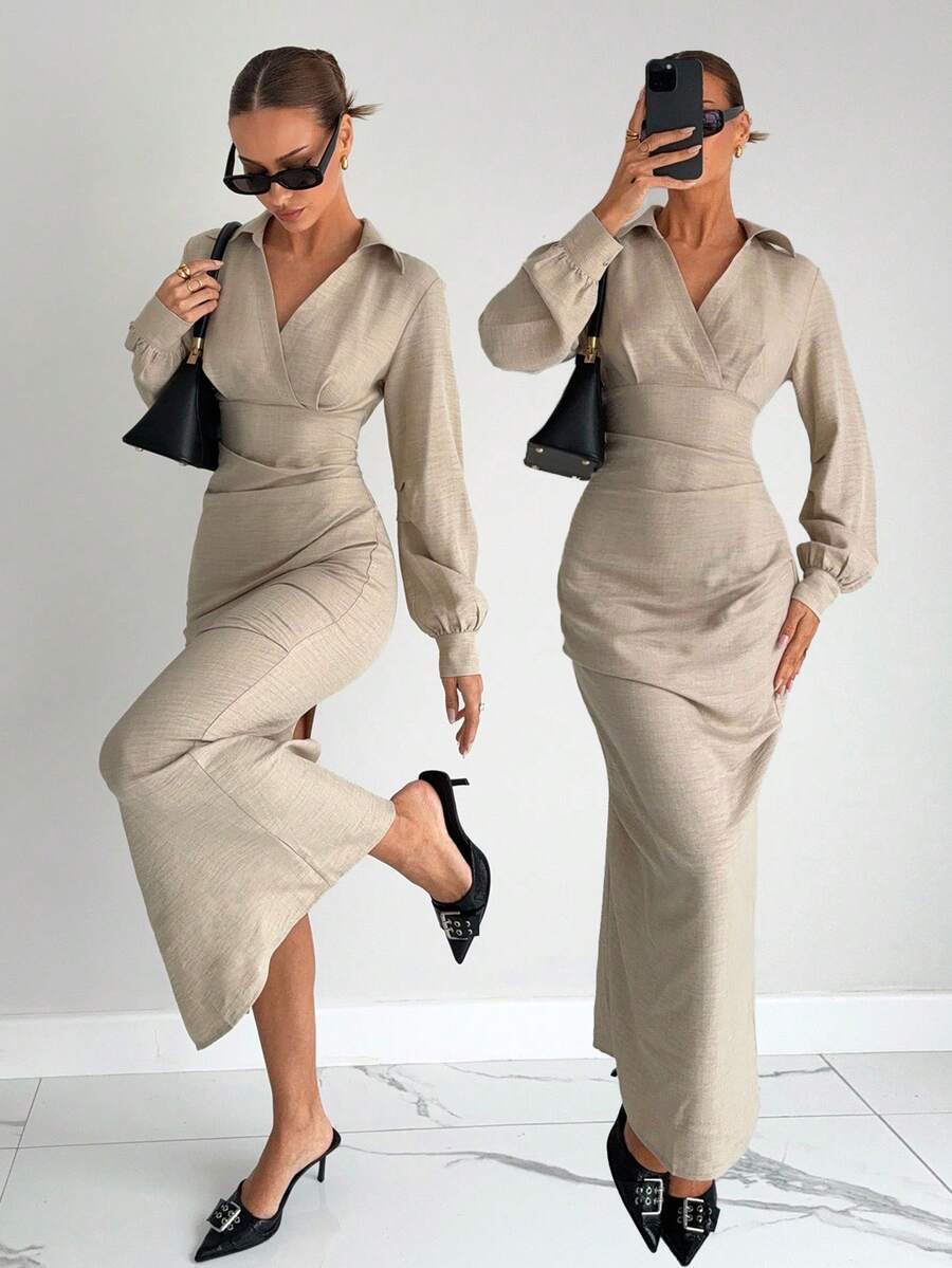 Siren Gaze Damen V-Ausschnitt Tailliertes Hemdkleid, Neuankömmling für den Herbst - Aprikosenfarben - Übersicht 1