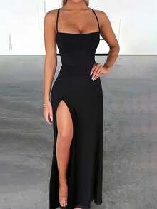 Zyxie Slim Fit Sexy High Slit Cross Strap Tie Up Long Dress For Women - Black - View 3