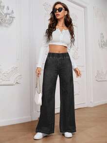 EMERY ROSE Quần denim dệt ống rộng cạp cao thoải mái, dễ phối đồ cho nữ, đa năng cho mọi mùa - Xám - Xem 3