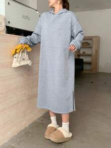 少女灰色连帽长袖简约连帽连衣裙，连帽运动衫连衣裙，开衩设计，学院风休闲连帽连衣裙