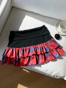 Comfortcana 女式夏季时尚格子拼布荷叶边下摆迷你裙 - 彩色 - 查看 1