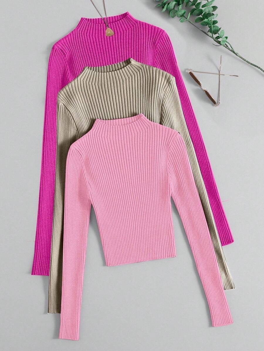 Franclia Solid Color Ribbed Knit Casual Versatile Long Sleeve Pullover Sweater Fall Winter Cloth For Women - Multicolor - View 1