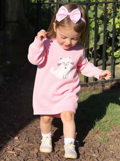 Souflis Souflis 1 st stickad flickklänning, rosa, broderad katt, rund hals, långärmad, söt klänning, lämplig för vår, höst, vinter stickad tröja till flickor, flicktröjor, vintertröja till flickor, rosa flicktröja, katttröja till flickor, stickade kläder till flickor, rosa tröja till flickor, höstkläder till flickor, vinteroutfit för flickor, höstkläder, vinterkläder, hösttröja till flickor