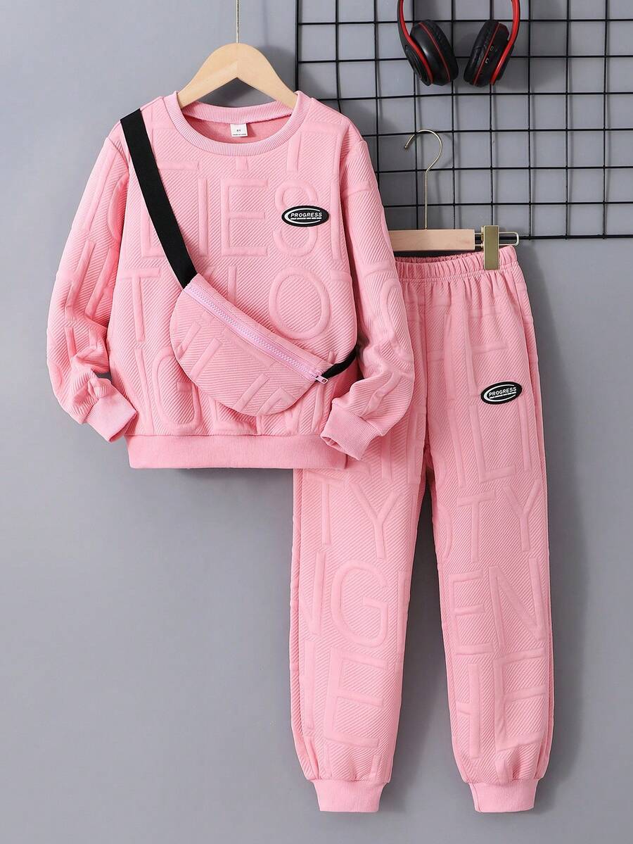 SHEIN 3pcs/Set Tween Boy Letter Textured Sweatshirt, Sweatpants And Backpack Set (Can Be Sold Separately) Fall Winter - Pink - View 1