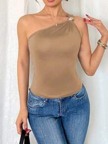 Rafferiza 女士黑色性感金属褶皱无袖黄棕色 - 卡其色 - 查看 3