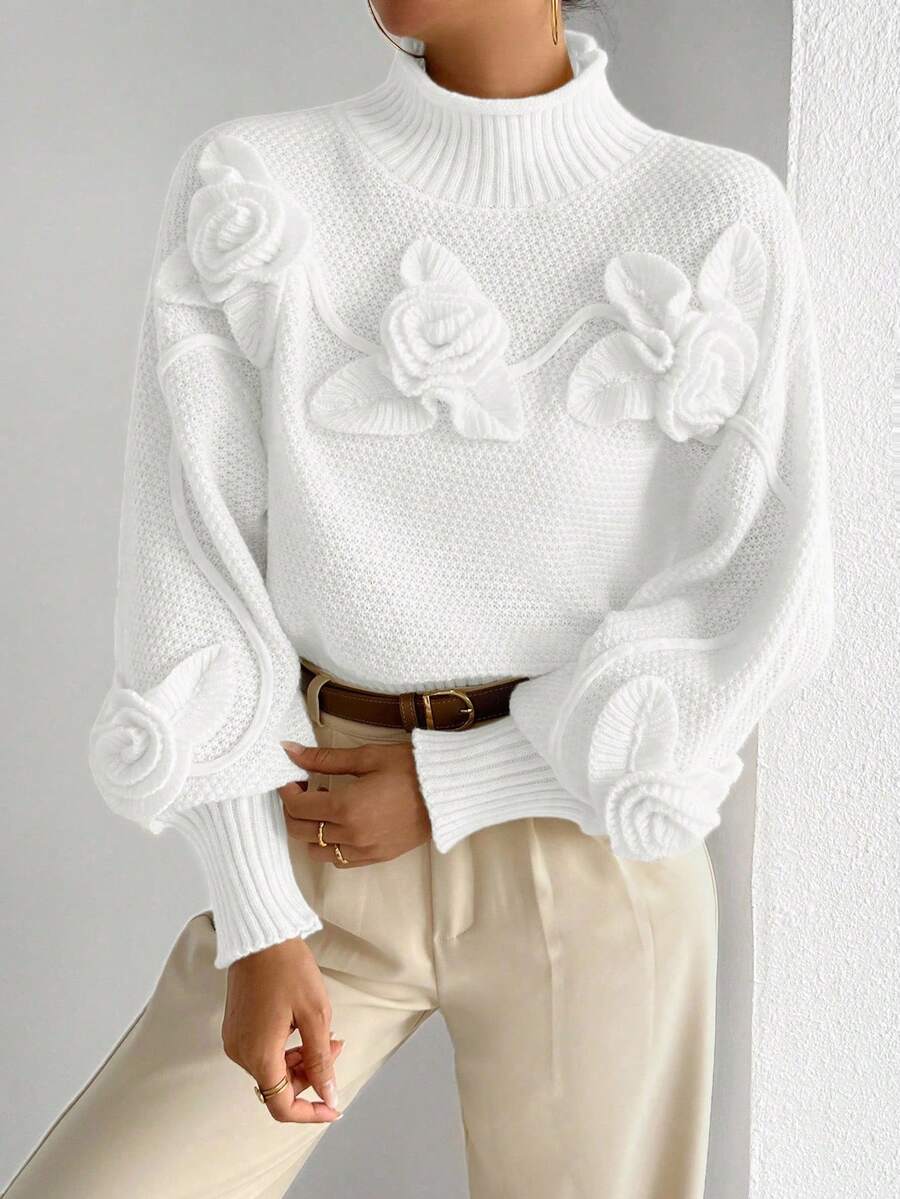Almamuse Women's Elegant Solid Color 3D Floral Decor Turtleneck Lantern Sleeve Pullover Sweater, Autumn/Winter Fall Cloth For Women - White - View 1
