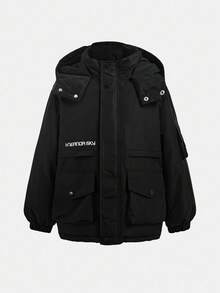 SHEIN 男童宽松休闲简约舒适连帽套头衫，带大口袋和字母印花，加厚面料，适合秋冬季节穿着。 - 黑色 - 查看 2