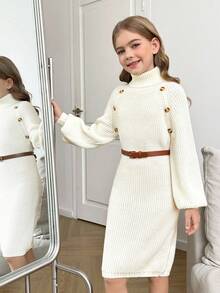 Vestido de malha elegante e quente com gola alta para meninas pré-adolescentes, uso diário, estilo feminino