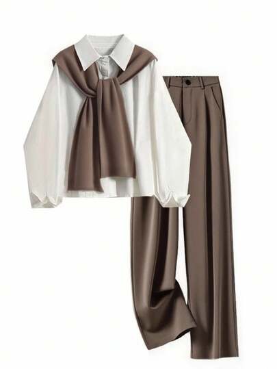 INAWLY Set de 2 piese pentru femei, casual, romantic, cu mânecă lungă și pantaloni