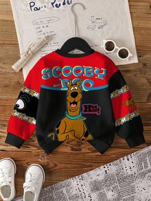SCOOBY-DOO X SHEIN 小男孩休闲时尚街头卡通字母印花撞色落肩宽松抓绒卫衣，秋冬 - 白色 - 查看 2