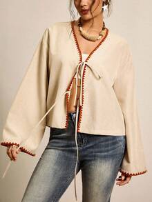 Freevana 大码女式碎花前系带落肩长袖宽松衬衫 - 杏色 - 查看 7