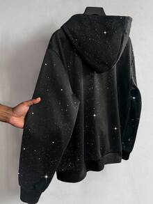 Manfinity EMRG 男士时尚亮片图案黑色连帽运动衫，秋冬 - 黑色 - 查看 2