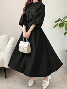 FRIFUL Damklänning med enkelknäppt, avslappnad denim och lanternärm, knytband i midjan - Svart - Visa 4