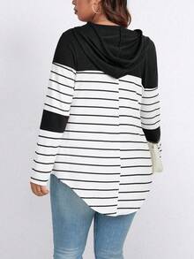 SHEIN LUNE Plus Size Striped Color Block Hooded Long Sleeve T-Shirt With Drawstring Graphic Tees Women Tops For Spring - Black and White - View 2