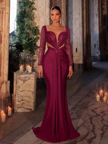 Glamrae Elegante e lussuoso abito in maglia stretch con maniche lunghe in tulle, orlo a sirena arricciato, decorato con paillettes e perline, adatto per matrimoni, feste, vacanze, gala, eventi formali (decorazione pesante)