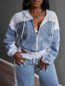 Slaydiva 大码女式休闲连帽拉链长袖宽松牛仔夹克 - 藍色 - 查看 1