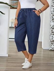 EMERY ROSE Plus Size Women Waist Tie Pocket Casual Tapered Denim Capri Pants